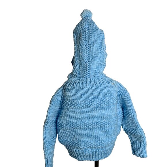 Vintage Handmade Knit Hooded Sweater 6-7 Blue Button Up Cardigan Puff Balls - Picture 7 of 7
